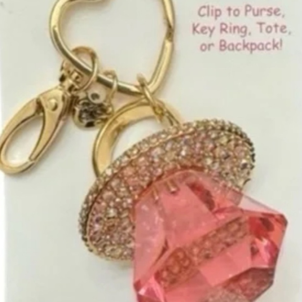 Betsey Johnson Pink Crystal Pacifier Keychain with Gold Hardware